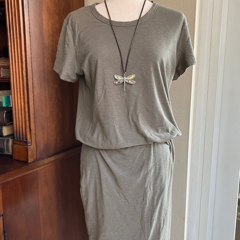 James Perse Cotton Blouson T-Shirt Dress Olive Green - Size XL / EU 4